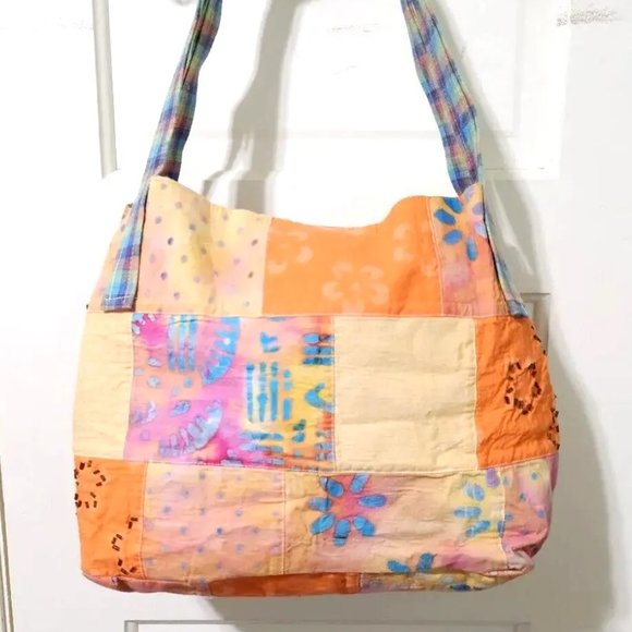 Original by Jernigan Orange Green Blue Plaid Beaded Large Hobo Shoulder Bag Tote - Picture 3 of 13